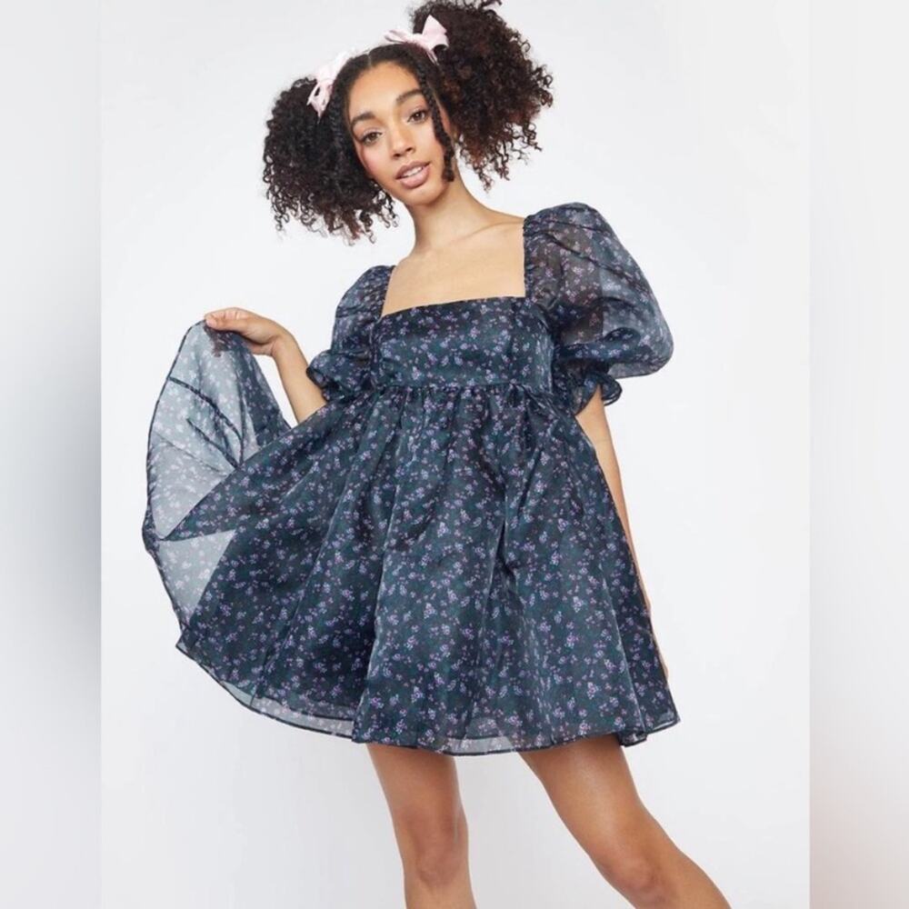 Selkie size medium new 80s ditz Navy Floral Puff Sleeve Dress babydoll girl fem - Picture 1 of 11